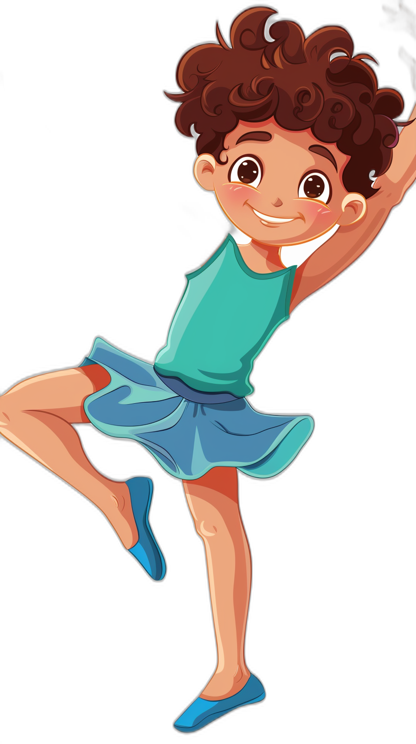 A cute little girl with curly brown hair in a ponytail, wearing a blue skirt and green t-shirt with a black background, doing a dance pose in the style of Disney Pixar character illustration. A full body shot with a happy facial expression, wearing shoes. A high quality, colorful 2D flat design using flat color blocks in the style of vector graphic art at a high resolution with high details and definition.