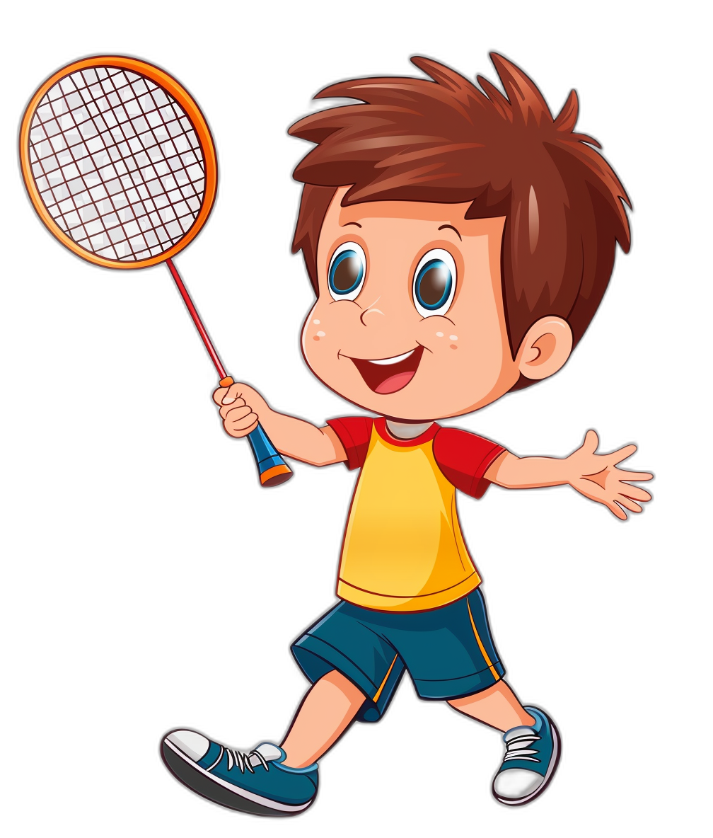 cartoon of happy boy playing badminton, vector illustration with black background