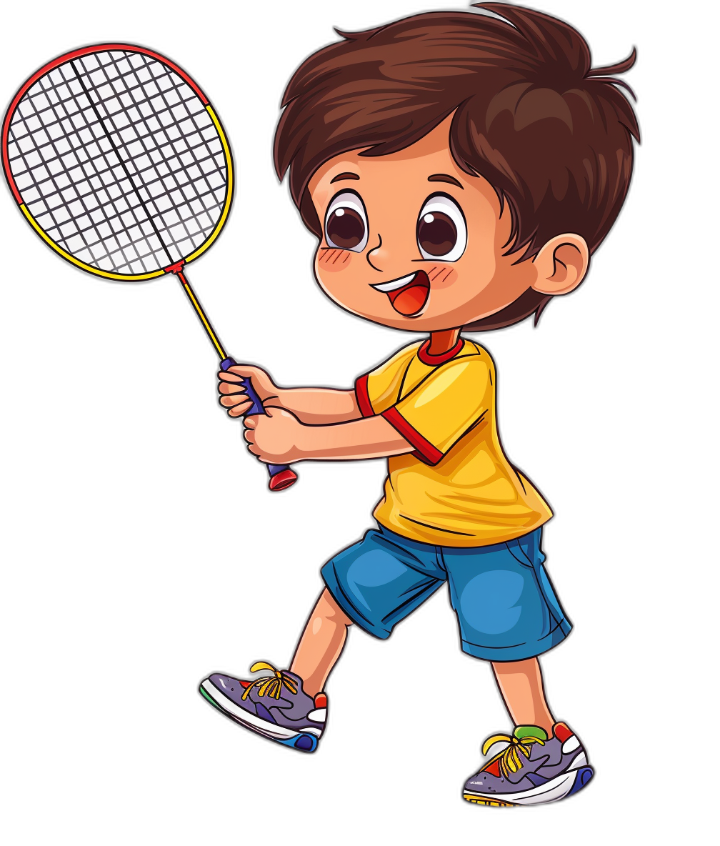 A cute happy little boy playing badminton in the style of clip art with a black background.