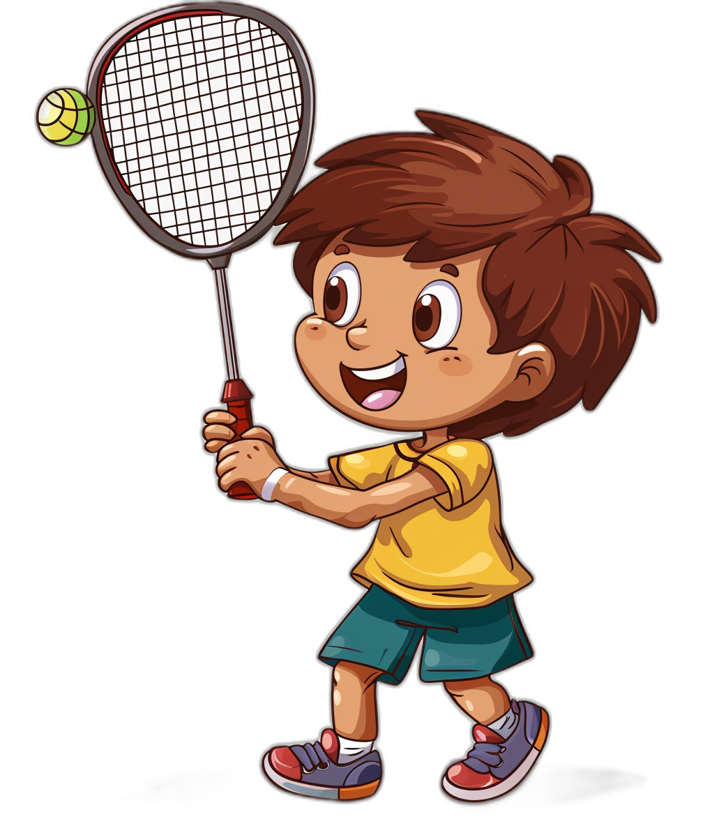 a cute little boy playing badminton, cartoon style, clip art for kids on black background