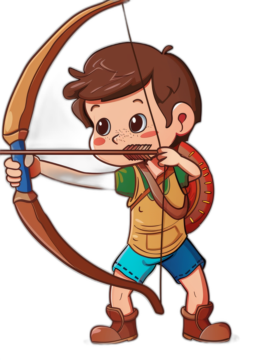 Cute cartoon character of an archer boy with brown hair, wearing blue shorts and yellow shirt, holding bow in hand to shoot arrows, sticker design vector illustration on black background