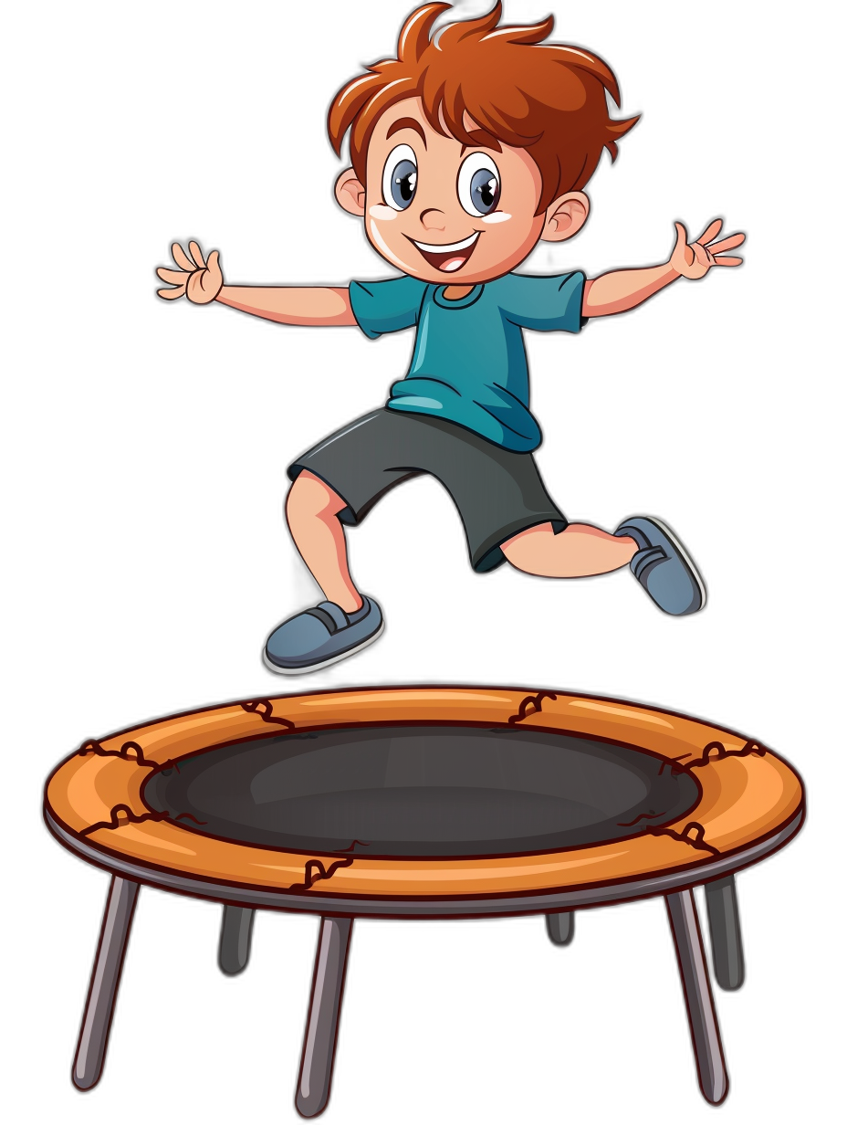 A cartoon vector illustration of a happy boy jumping on the trampoline against a black background. The illustration is in the style of clipart.