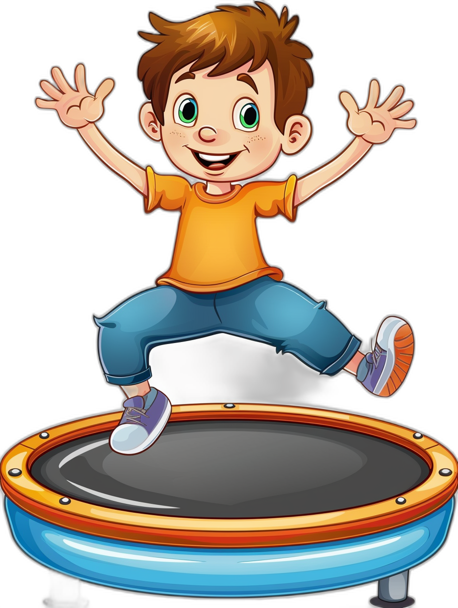 A cartoon happy boy jumping on the trampoline, in a clip art style, on a black background, with no shadow, at a high resolution