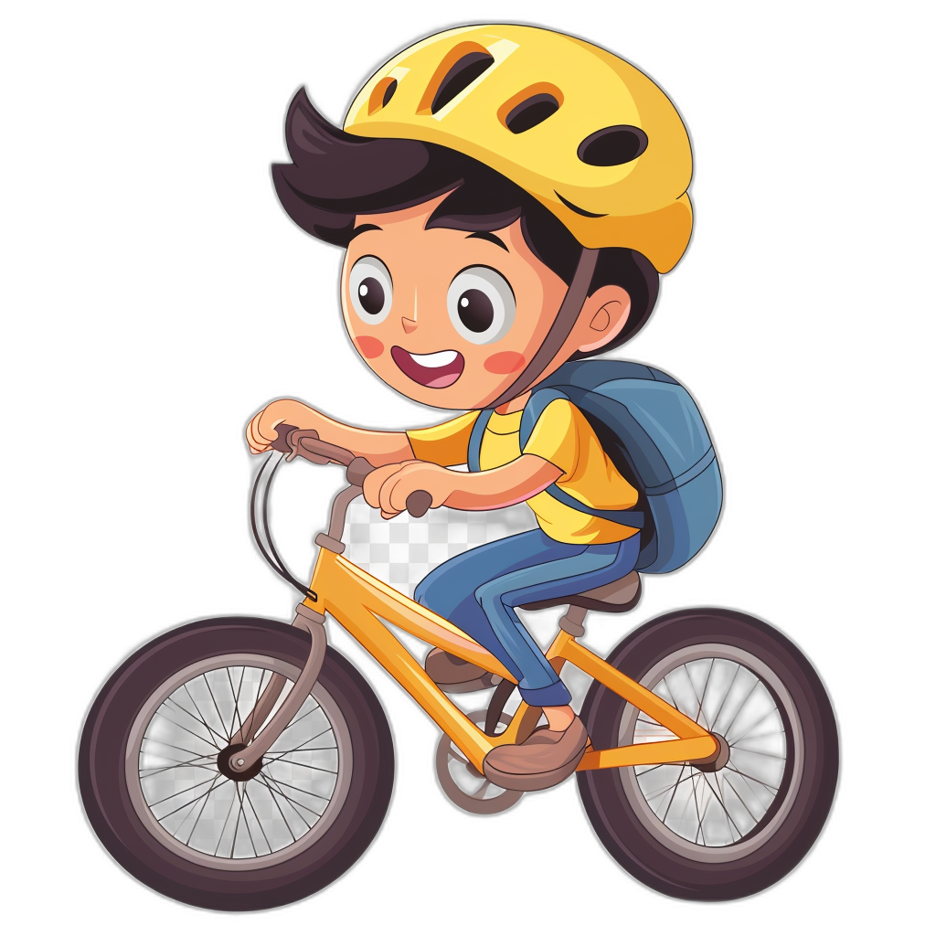 A cute cartoon boy is riding his bike. He wears a yellow helmet and blue backpack on a black background in the style of clip art.