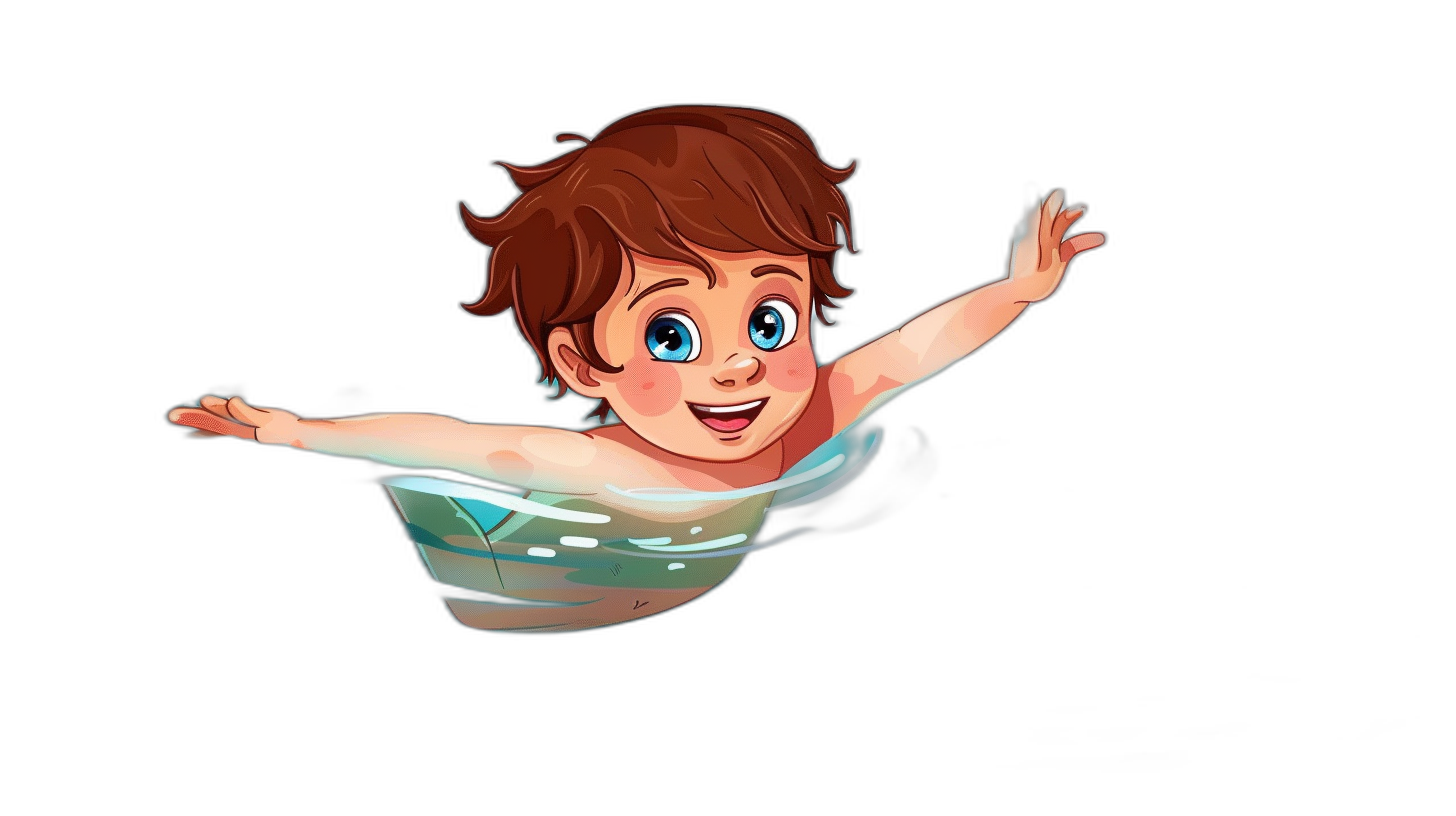 cartoon style, cute little boy swimming in the water, smiling with blue eyes and brown hair floating on black background, in the style of Pixar art