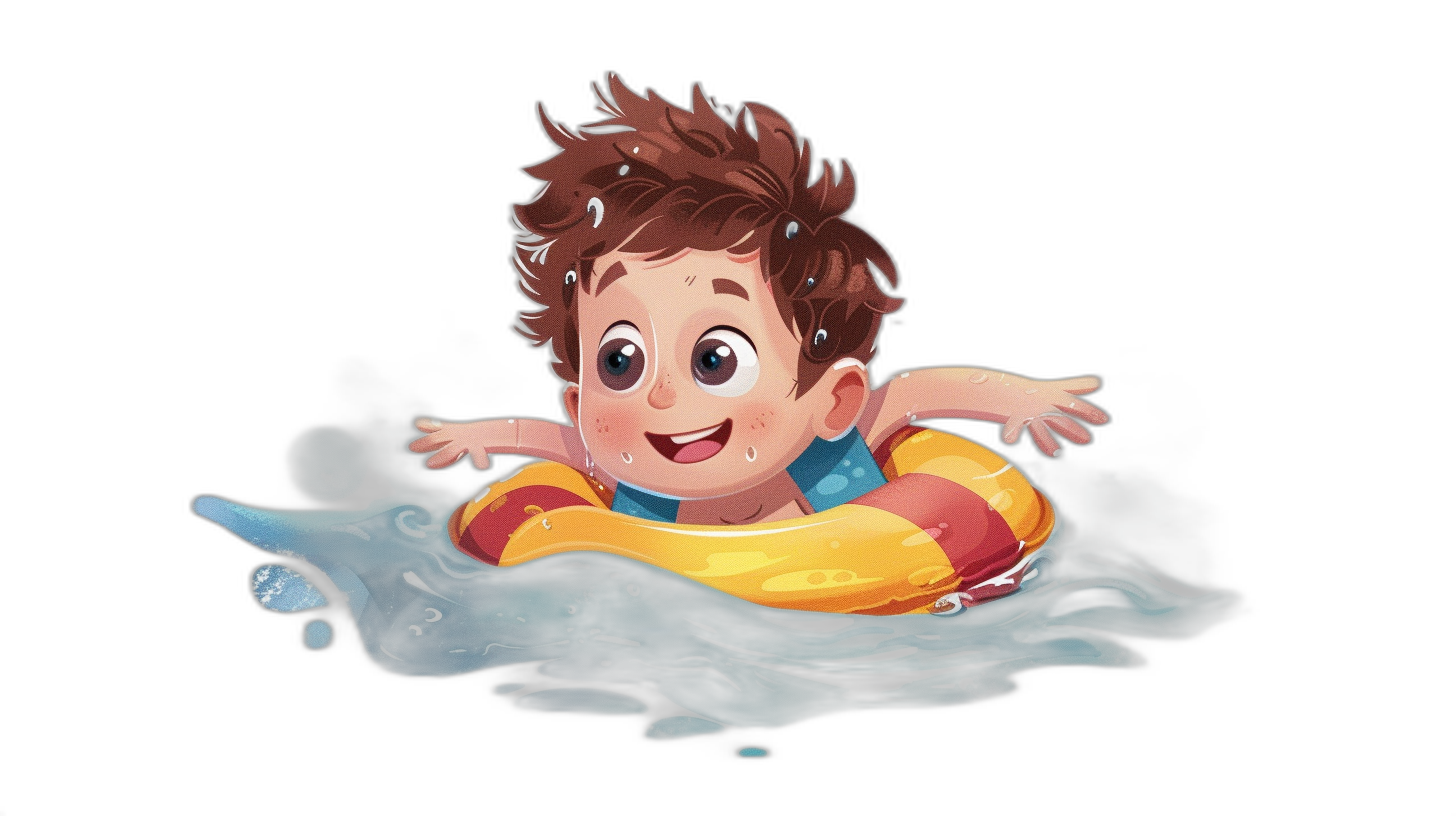 A cute little boy with brown hair is swimming in the water, wearing an inflatable ring on his chest and floating happily. He has big eyes, black background, in the style of a cartoon with simple strokes, simple details, high definition, high resolution, and an illustrative design.