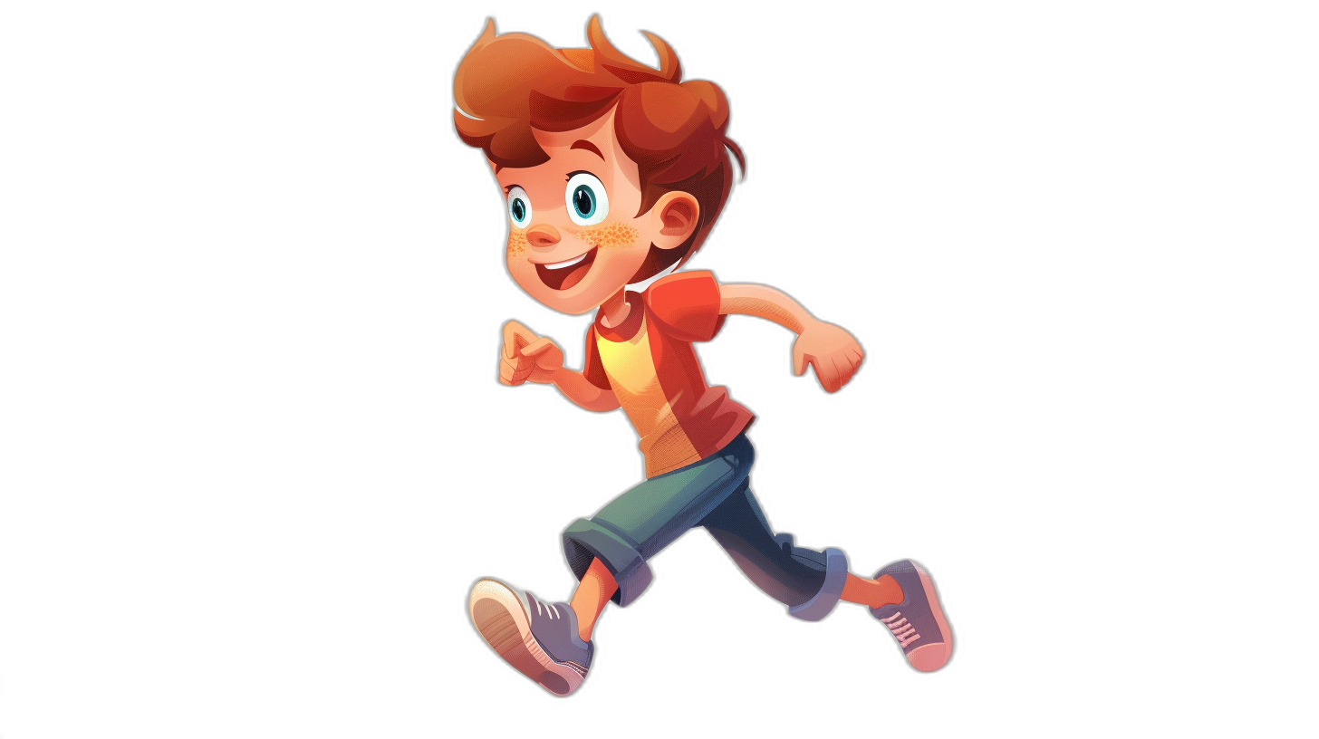 A cartoon boy running, happy expression, full body shot, black background, Pixar style, simple and clean picture with bright colors. He is wearing red short sleeves, blue jeans, white sneakers on his feet, orange hair and freckles on the face. The light shines from above.,,in