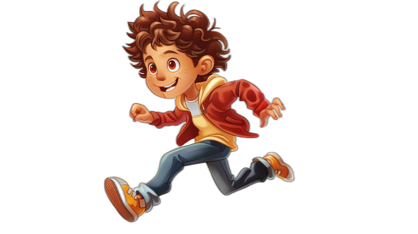 A cute boy running, with curly hair and brown eyes, wearing jeans and a red jacket in the style of Pixar Disney, in a simple cartoon style on a simple black background, with high resolution.