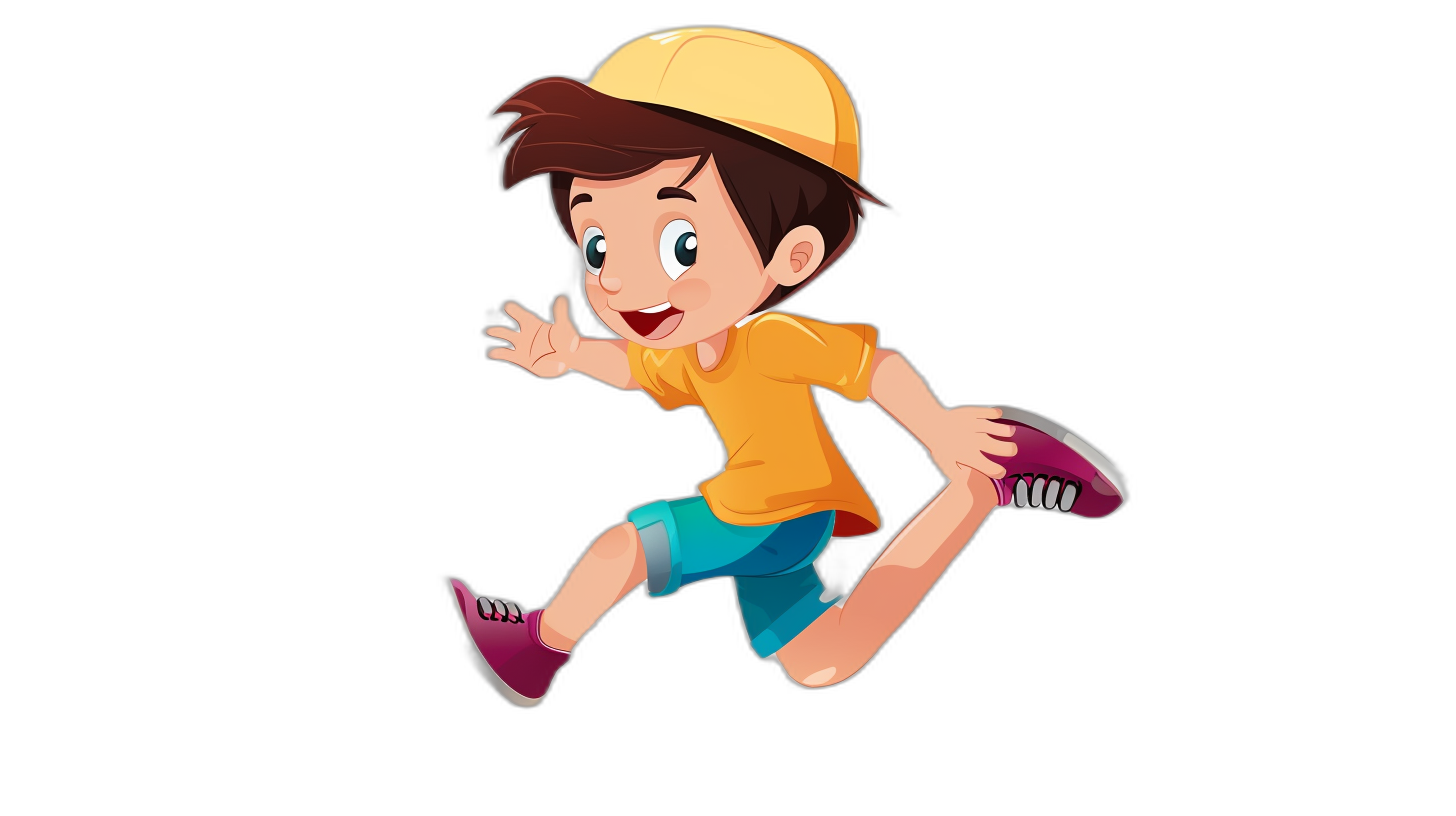 cartoon illustration of a happy boy running, wearing a yellow cap and blue shorts, with purple shoes, showing his full body against a black background, in high definition.