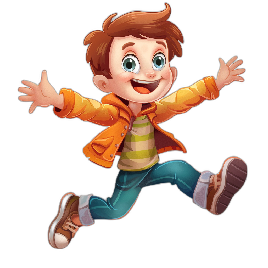 A cartoon boy jumping in the air with a happy expression, isolated on a black background in a full body shot, in the style of Pixar animation, wearing an orange jacket and blue jeans with brown shoes, with big eyes and a smiling mouth.