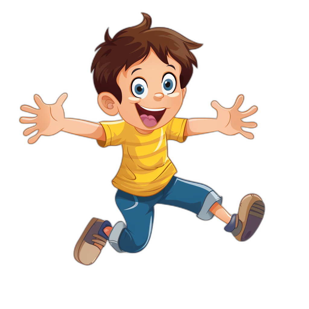 Cute cartoon boy jumping, with a happy expression, on a black background, in a simple design, with bright colors, in the style of a vector illustration, in high definition, and cute.