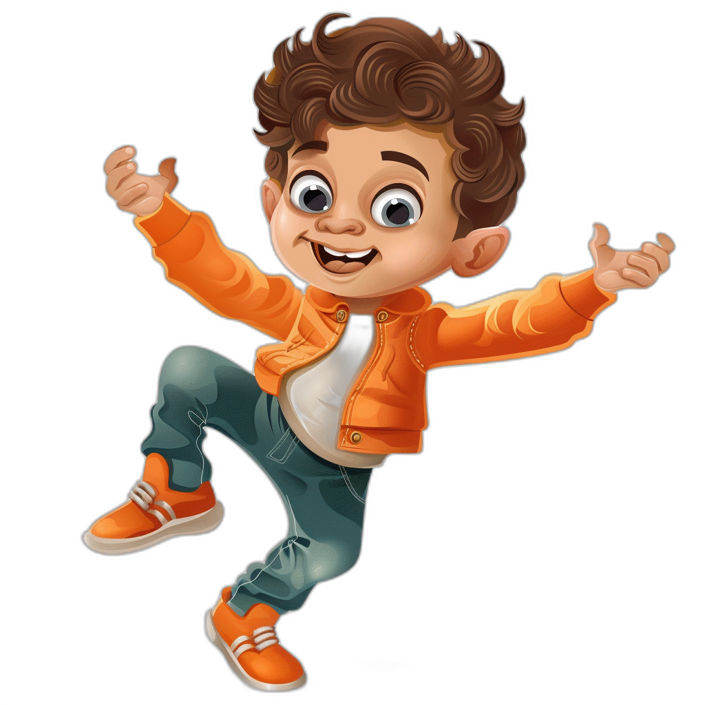 A cartoon boy in an orange jacket and blue jeans, with brown hair and big eyes jumping on a black background. The character is depicted as cheerful and energetic, wearing sneakers that match the color of his shirt. He has one hand raised to make a thumbs up gesture. His expression radiates happiness and excitement, capturing the essence of youthfulness and playful spirit. The focus is on his face.