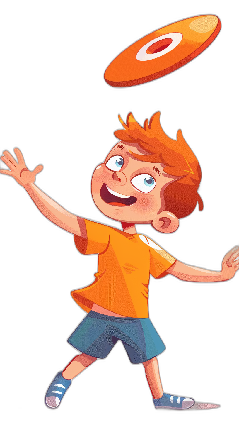 A cartoon boy in an orange shirt and blue shorts, with short red hair throwing a frisbee isolated on a black background, in the style of Pixar.