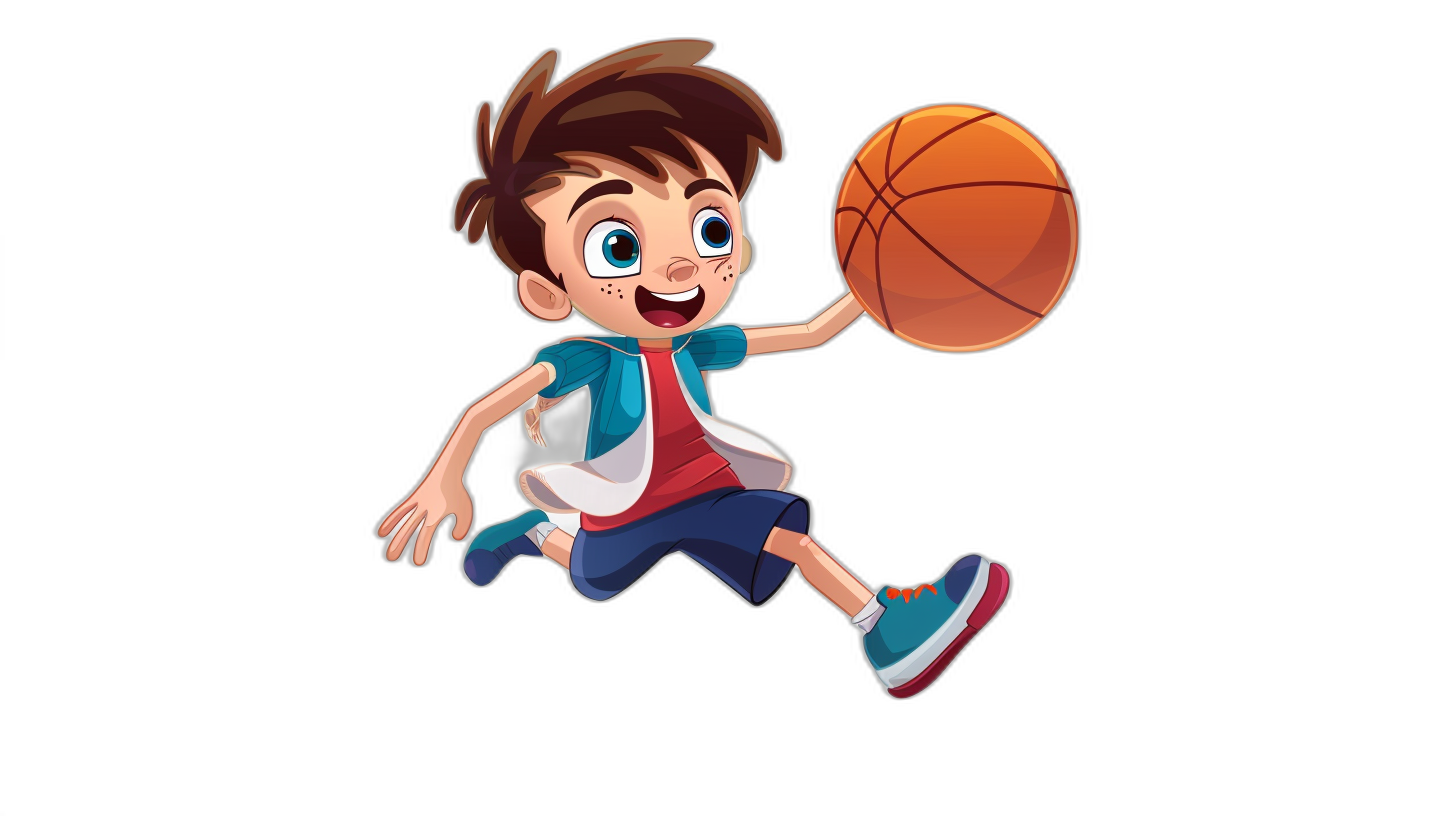 A cute cartoon boy playing basketball against a simple black background in the style of a game character design and in the vector illustration style reminiscent of Disney Pixar animation. He is depicted in colorful  in a full body portrait, wearing sports shoes on his feet and depicted in a jumping action with a ball in his hand and with a cartoon rendering effect.