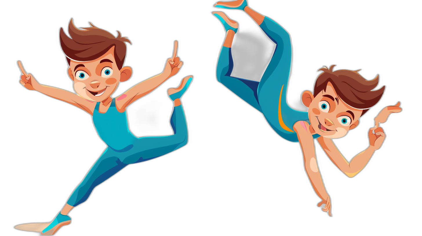 cartoon style, side view of a boy in a blue gymnastics outfit doing a cartwheel pose and another cartoon boy with brown hair wearing the same outfit jumping high in the style of Disney Pixar character design isolated on a black background