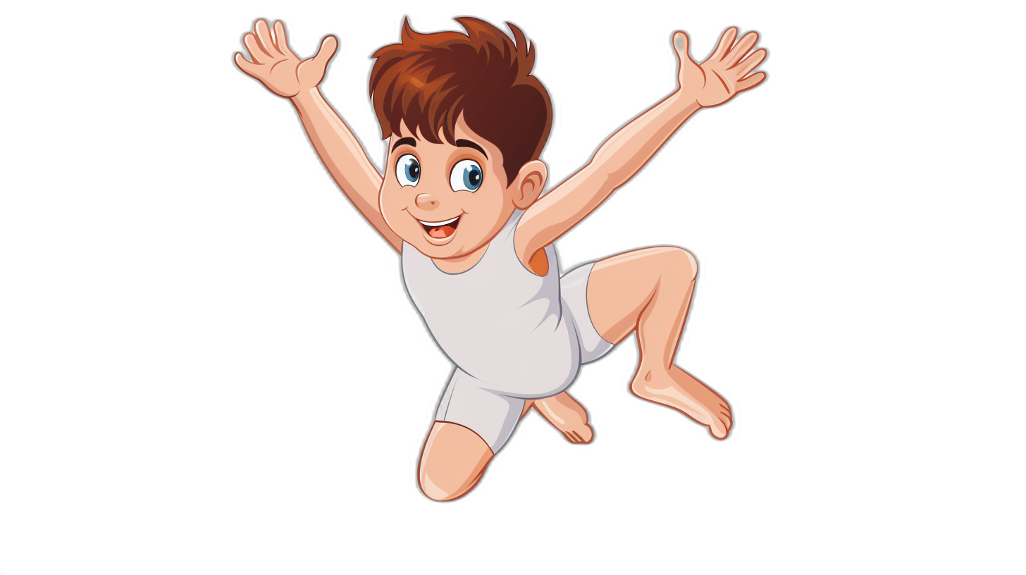 cartoon illustration of smiling young boy in white tshirt and shorts jumping, black background, hd