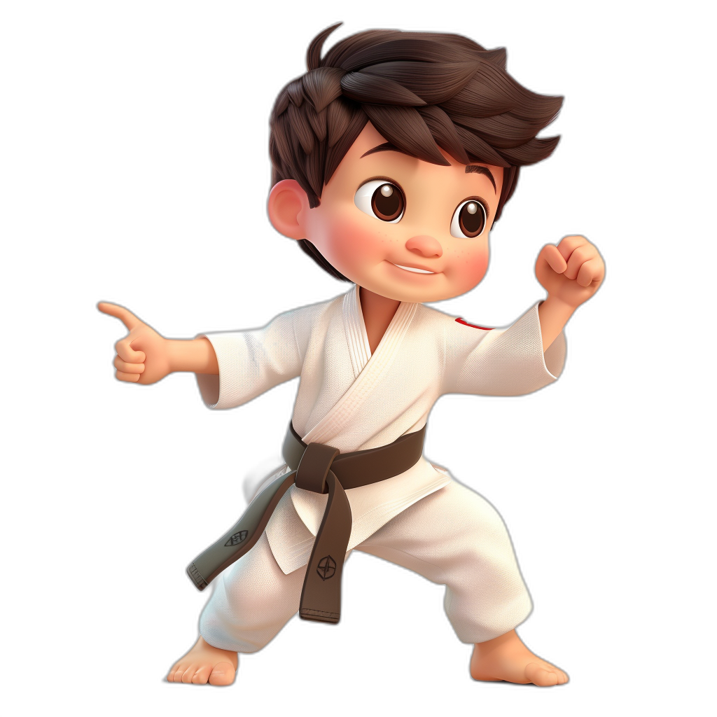 A cute boy in a white karate outfit with brown hair and a black belt striking an action pose in the style of Pixar, with a character design that has detailed facial features against a black background at a high resolution.