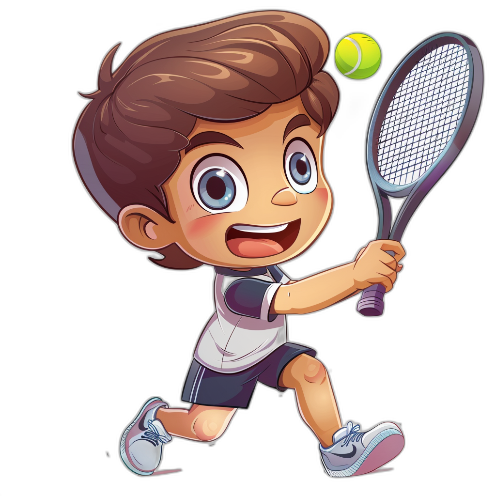 Cute cartoon boy playing tennis in the style of vector illustration for children’s book on black background, high resolution