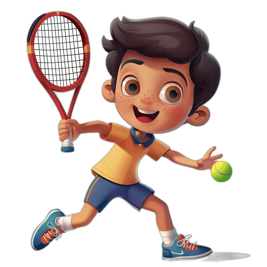 A young boy playing tennis in an illustration with a cartoon style. The character design has a black background. He is wearing blue shorts and an orange t-shirt, holding the racket in his right hand while jumping to hit the ball. He has dark brown hair, big eyes, and a smiling face expression in the style of a cartoon from Pixar. The rendering is in 3D style and depicts the boy as cute.