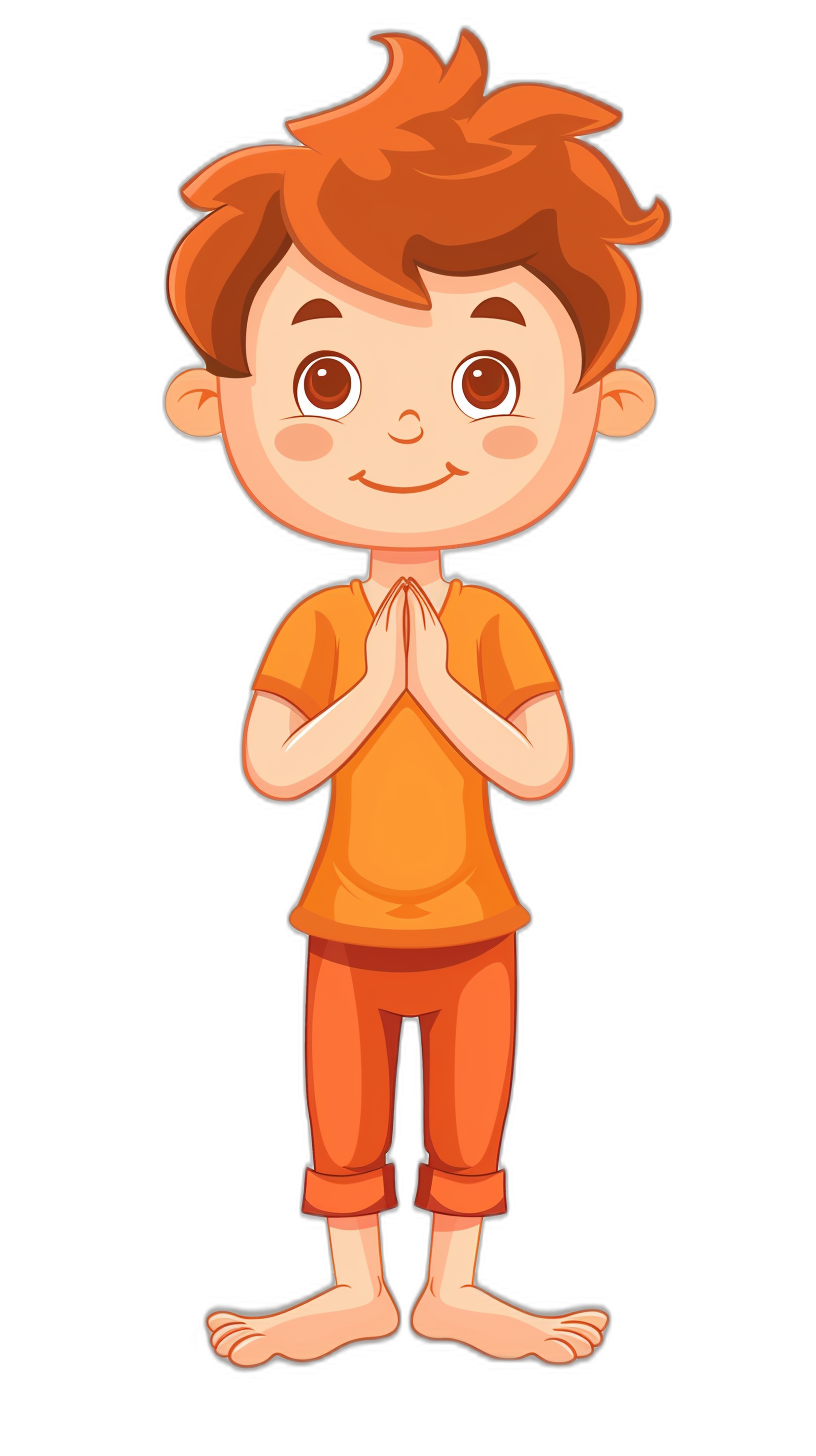 A cute cartoon boy doing yoga in a simple flat illustration style with a black background and orange , brown hair, hands clasped together in a prayer pose, a happy expression on his face, a full body portrait, a simple design, bright colors, high definition details, vector graphics, a solid color background.