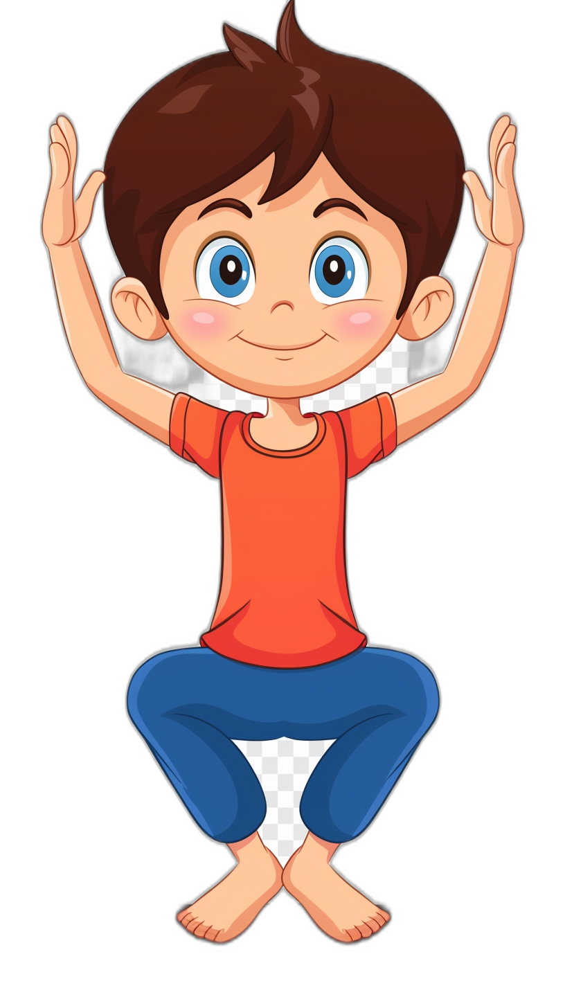 cartoon style of little boy doing a yoga pose clipart, happy and smiling with a black background, blue pants, red t shirt, brown hair, hands up in the air, white skin tone, big eyes.