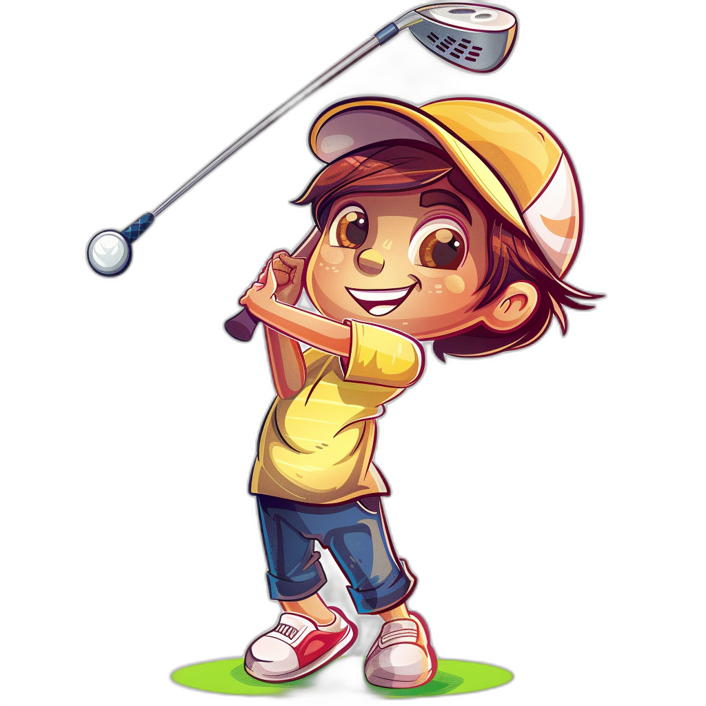 A cute cartoon kid playing golf in the style of clip art on a black background.