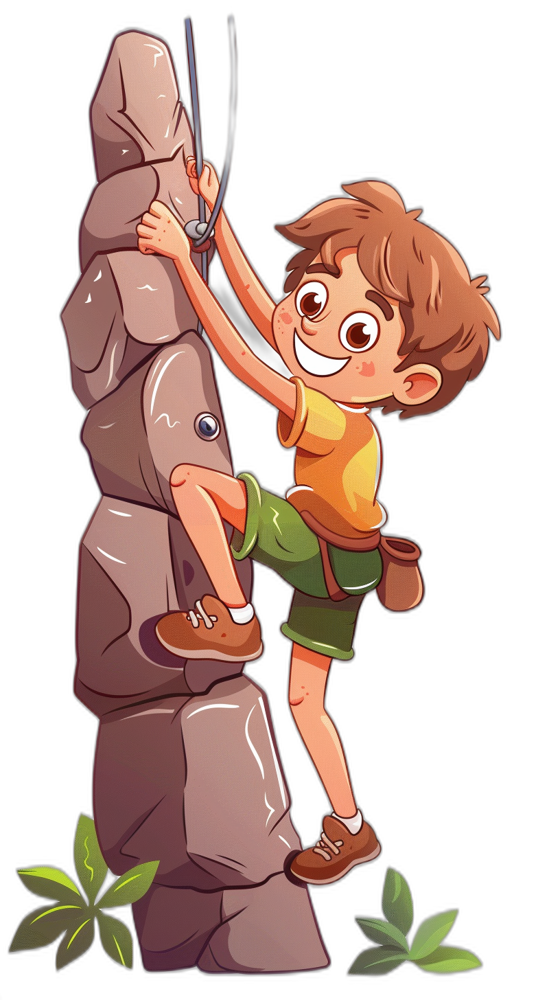 a cute happy cartoon boy climbing rock wall, clip art style, black background