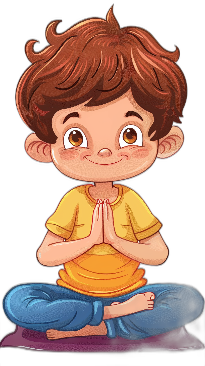 Cute cartoon vector style illustration of an adorable little boy with brown hair and hazel eyes doing yoga, sitting on his knees in the lotus position, hands folded together at chest level. Black background. The colors should be vibrant yellow shirt, blue pants, purple mat. The focus is sharp and detailed. Illustration by Pixar Studio