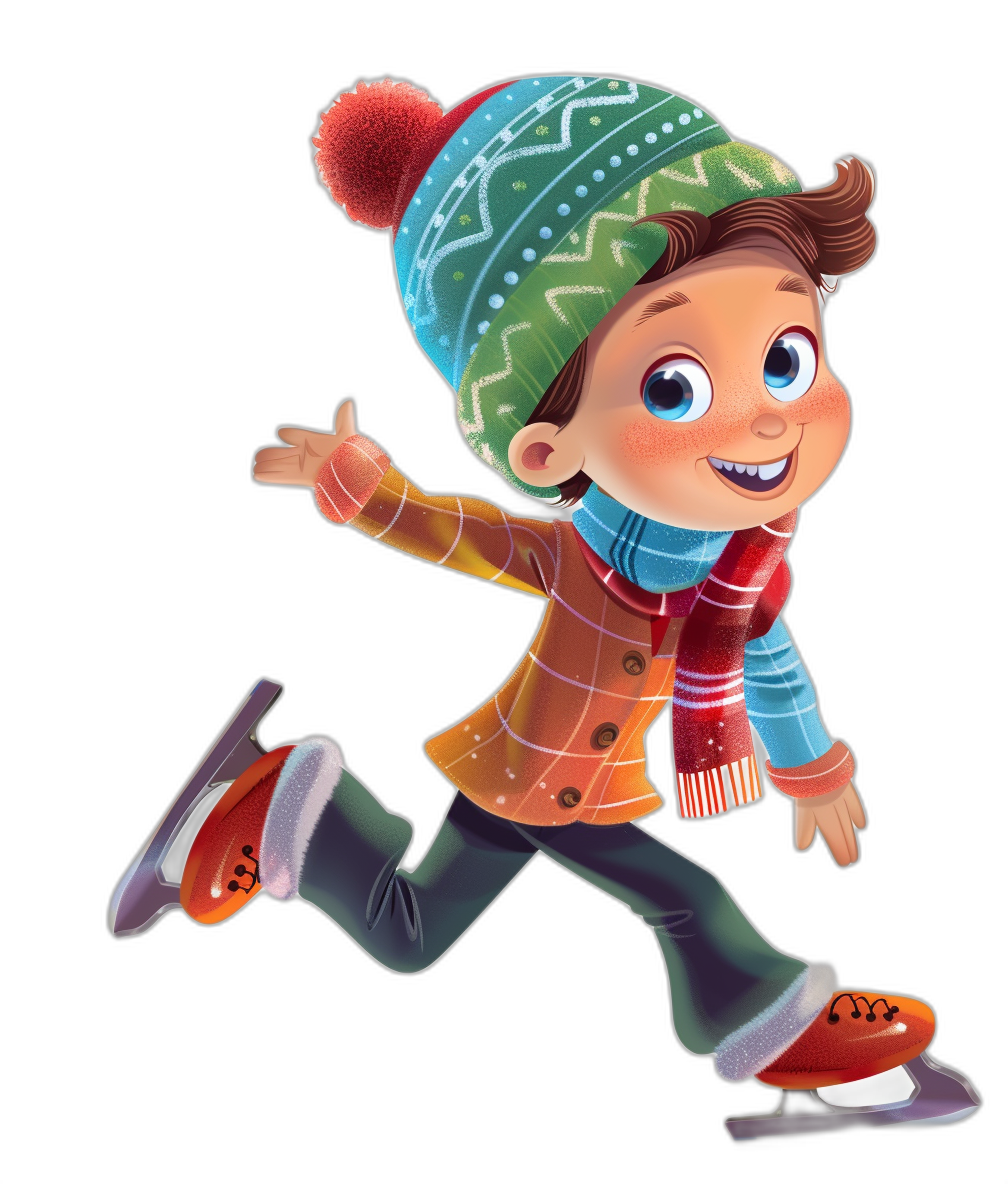 A cute cartoon boy ice skating, wearing winter  and a hat with colorful patterns, in the style of Pixar, in the style of Disney, against a black background, as a full body shot, with high definition details.