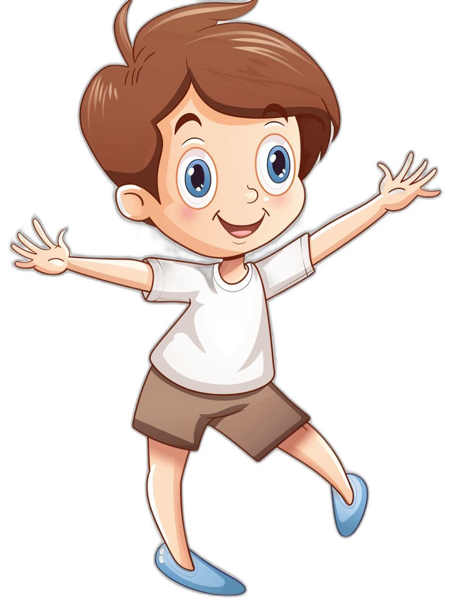 A cute cartoon boy with brown hair, blue eyes, and a white t-shirt dancing on a black background in the style of Pixar animation, clip art style, simple vector illustration for a kids book, full body shot, no outline details, high resolution.