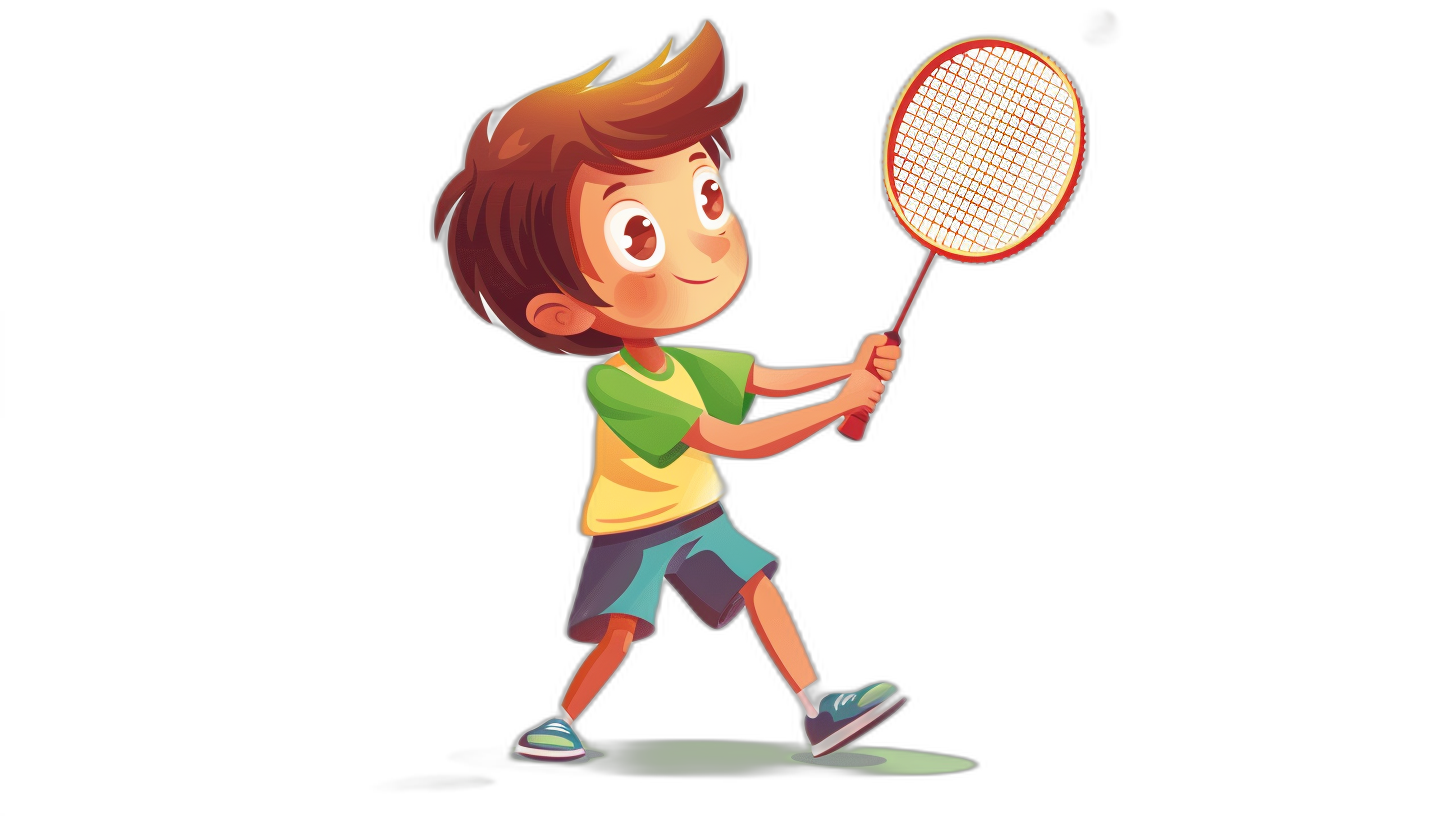 A boy playing badminton, cartoon style illustration with a black background, full body, 2D game art in the style of Pixar animation, simple and cute.