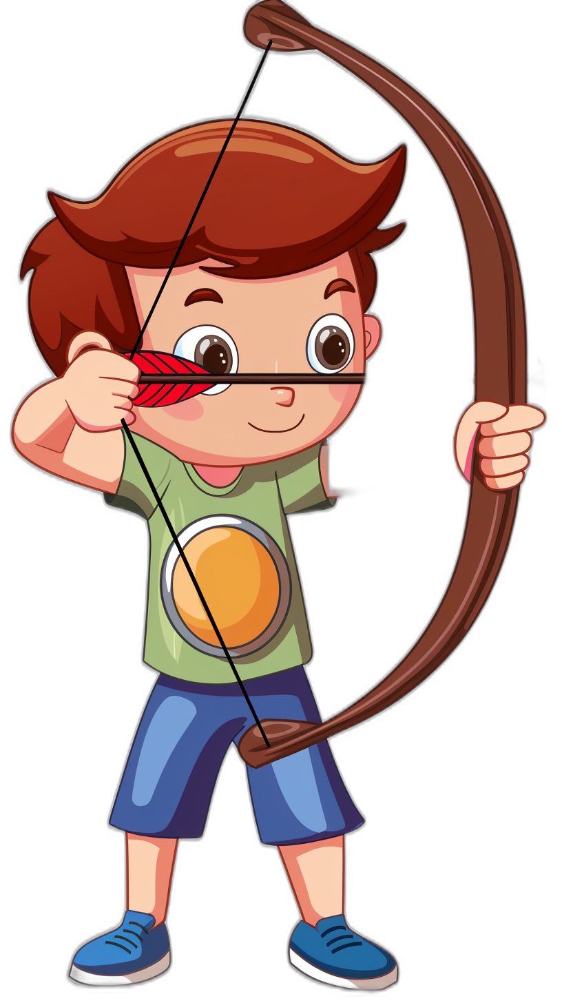 A cartoon boy with brown hair, wearing blue shorts and a green t-shirt is shooting arrows from his bow against a black background in the style of a simple vector illustration character design. The design has a white outline and is in a sticker style suitable for use as a PNG clipart image.