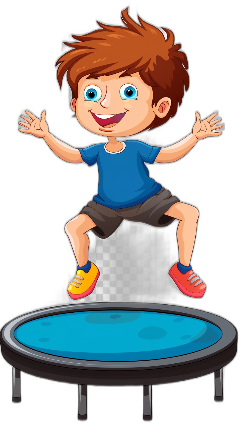 cartoon vector style, brown hair boy jumping on trampoline with blue shirt and black shorts, smiling happy face, white background, png transparent, white border for cut out , black background