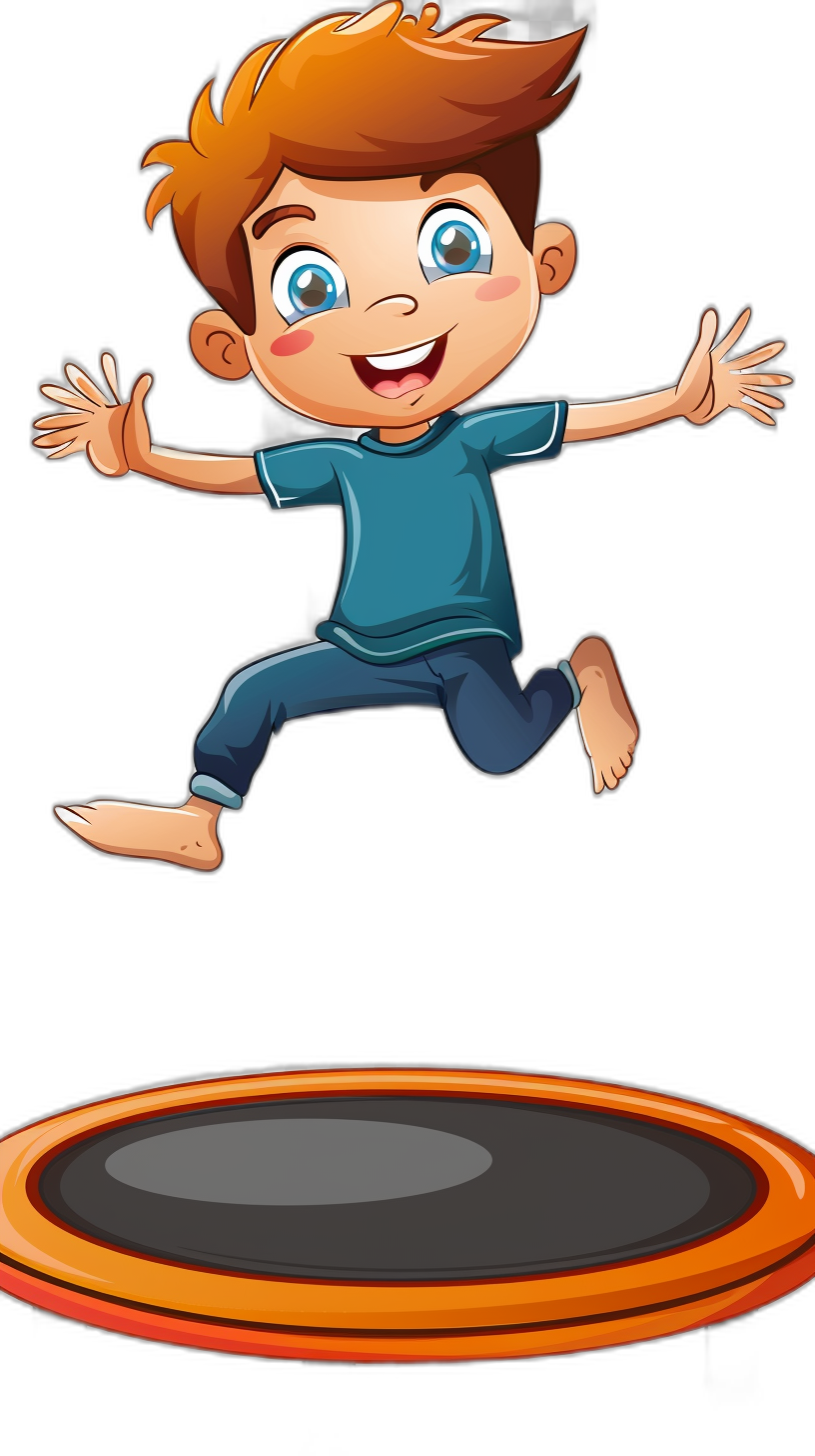 cartoon boy jumping on trampoline, clip art style cartoon illustration for kids with black background