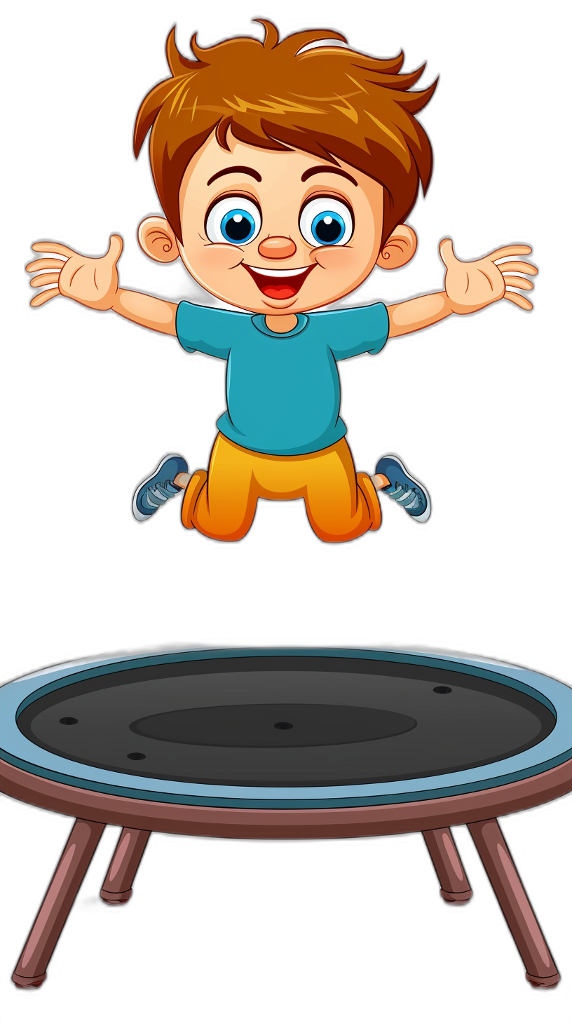 A cartoon illustration of a happy boy jumping on a trampoline, with a black background, in the png transparent style with a white border and isolated background.