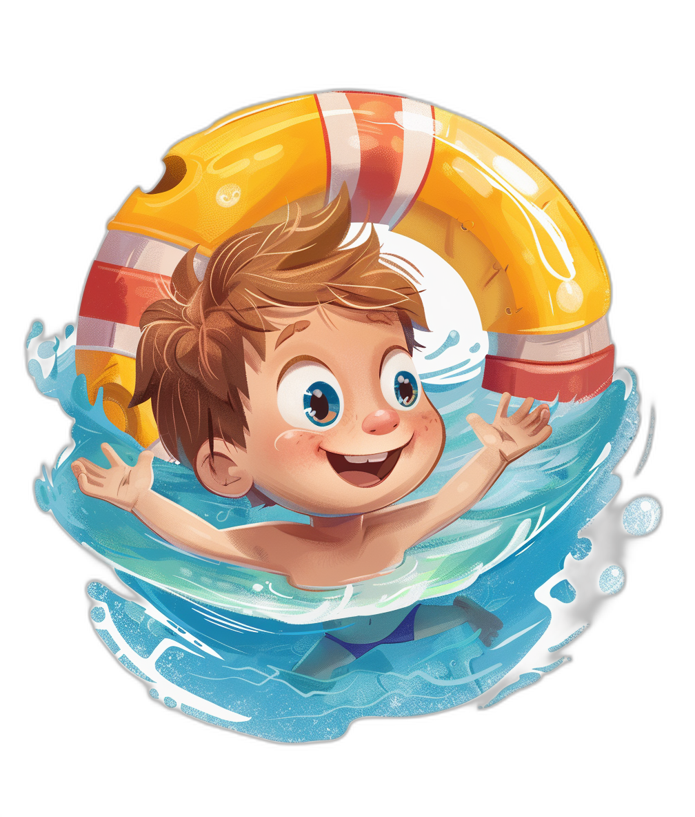 A little boy is swimming in the water, holding an inflatable ring and smiling happily. The background of his head has been painted in the style of a cartoon. He was wearing blue shorts and had brown hair, with bright eyes. The background was black. A life jacket floats on top of him, adding to its colorful appearance. The illustration was in a comic style with a white background and a simplified sticker design form. It used a bold color palette with flat colors, bold outlines and a circular shape.