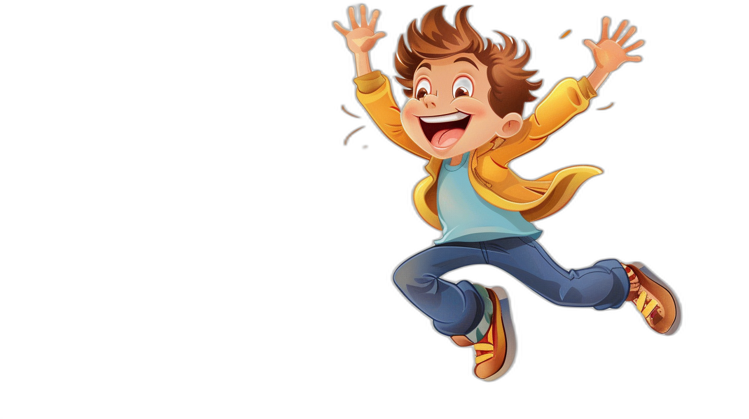 A cartoon boy is jumping in the air, laughing happily with his hands raised high. He wears blue jeans and brown shoes on a black background. The illustration style should be cute and colorful. It is a cartoon character design showing a full body portrait with high resolution, high quality, and high detail rendering in the style of a best render.