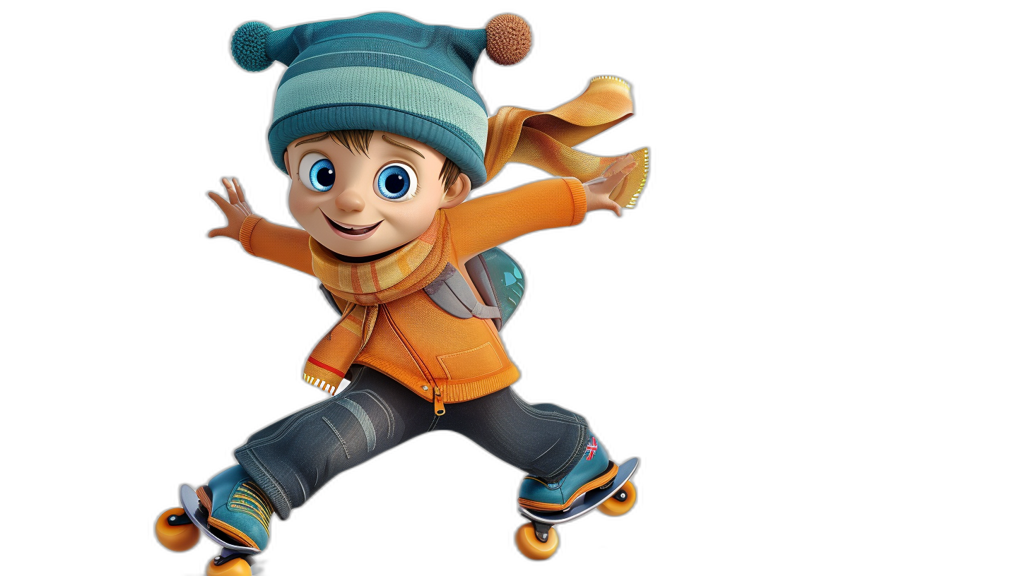 Cute little boy on roller skates, wearing a blue hat and orange jacket, in the style of Disney Pixar, on a black background, with a cartoon character design, in a cute animated style, with high definition, high resolution, bright colors, as a full body portrait, with a cartoon character design, high definition, high resolution, high details, high quality, high texture.