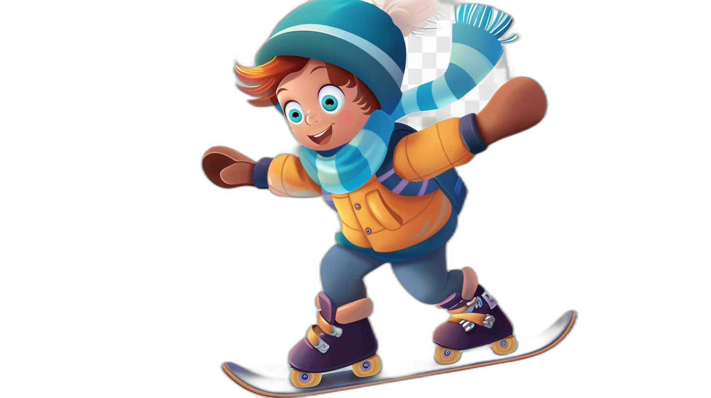 A cute cartoon character of a boy on roller skates, wearing winter  and a hat with a scarf, on a black background, in the 2D game art style, cartoon characters in action poses in the style of oshare kei, character designs for mobile games, colorful animation stills, high resolution, high definition, high quality.