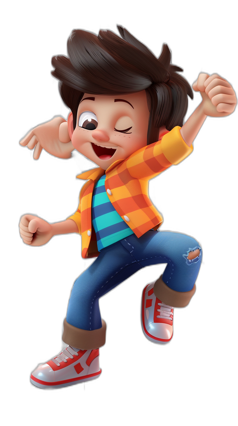 Disney Pixar cartoon style, happy young boy with dark brown hair and blue eyes wearing jeans and an orange plaid shirt dancing in the air against a black background. His colorful  features colorful shoes, red sneakers, and colorful stripes on his . The 3D animation has a 2048×576 pixel resolution with high detail, high contrast, and soft shadows. It was professionally photographed and color graded without grainy textures or harsh highlights, in the style of Disney Pixar.