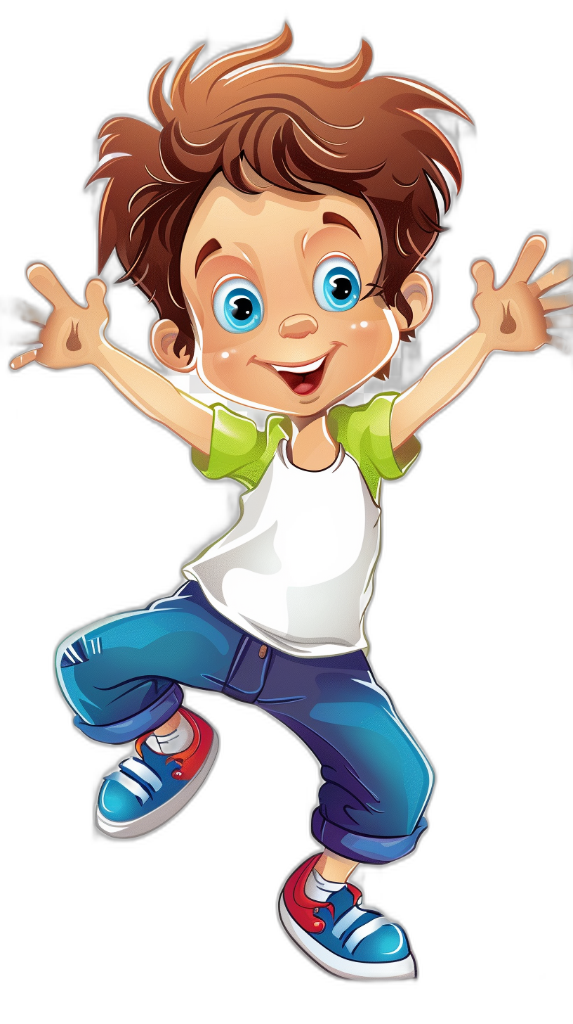 A cute cartoon boy with brown hair and blue eyes is jumping with his hands up. He is wearing a white t-shirt, green shirt, jeans, and red shoes against a black background. The artwork is in the style of a cartoon.