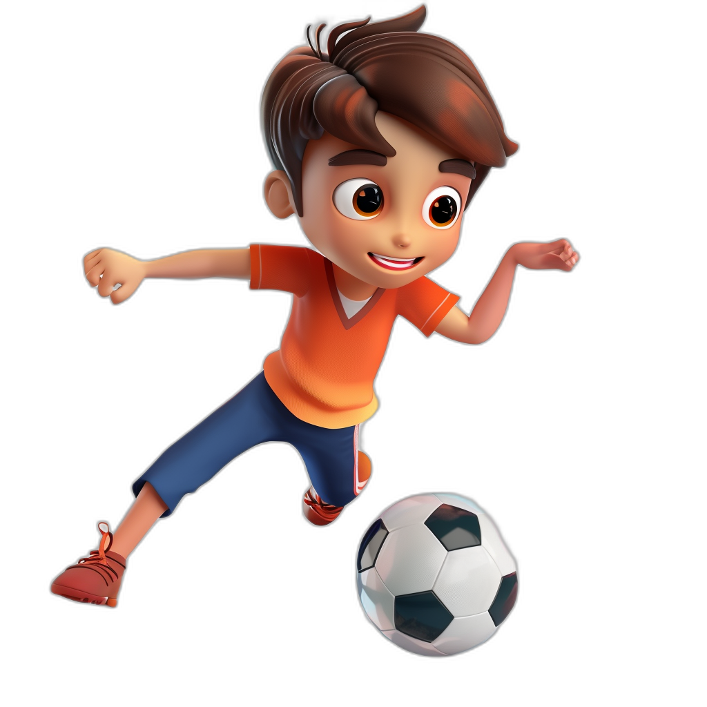 A cute boy playing football in a cartoon style on a black background in the style of Disney Pixar 3D rendering cartoon character design as a full body portrait, wearing an orange T-shirt and blue shorts with brown shoes on his feet, kicking the ball with a happy expression at a high-definition resolution with bright colors and soft lighting effects showing lively movements.