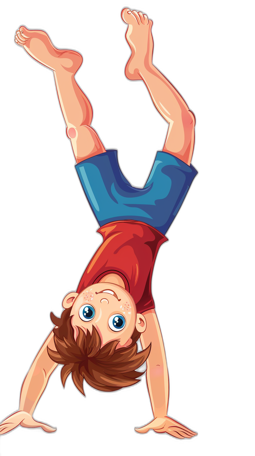 cartoon style of cartoon character boy doing handstand, vector illustration, full body shot, black background, red tshirt and blue shorts, blue eyes, brown hair, no outline, high quality details