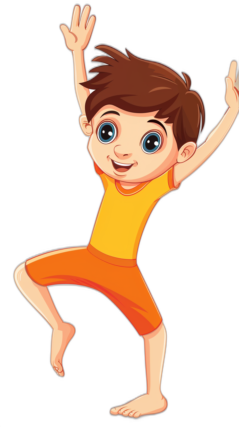 Cartoon style, a little boy doing a yoga dance pose on a black background, wearing orange pants and a yellow t-shirt with blue eyes, a happy facial expression, full body, simple design, bright colors, high resolution.