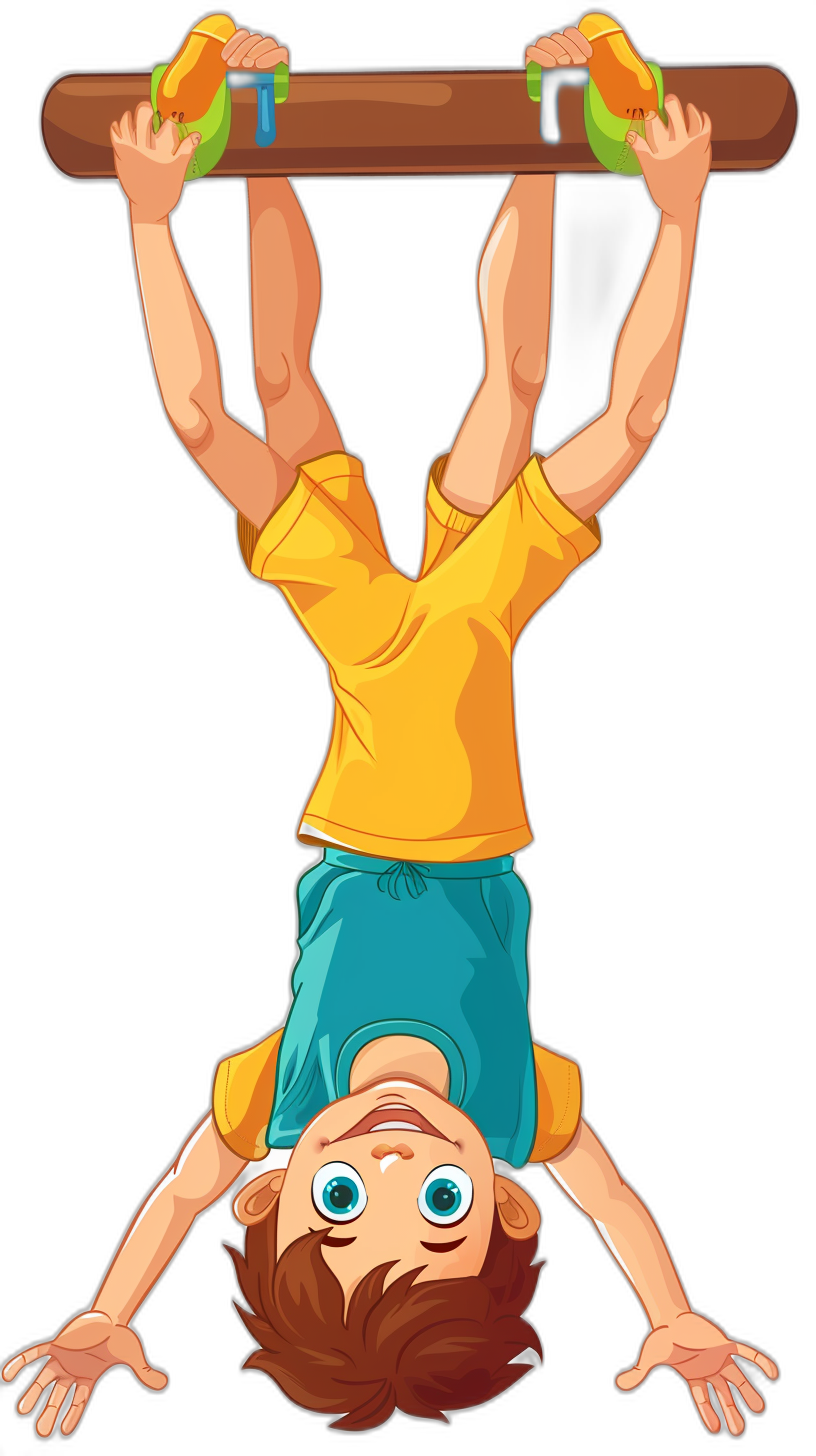 A cartoon vector illustration of an young boy hanging upside down on the bar, wearing shorts and yellow tshirt with blue eyes looking at you, isolated black background, full body shot