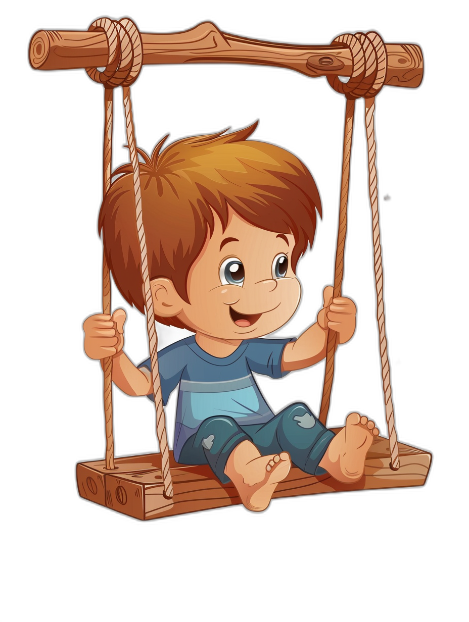 A cute cartoon of a happy boy sitting on a wooden swing in the style of clip art with a black background.