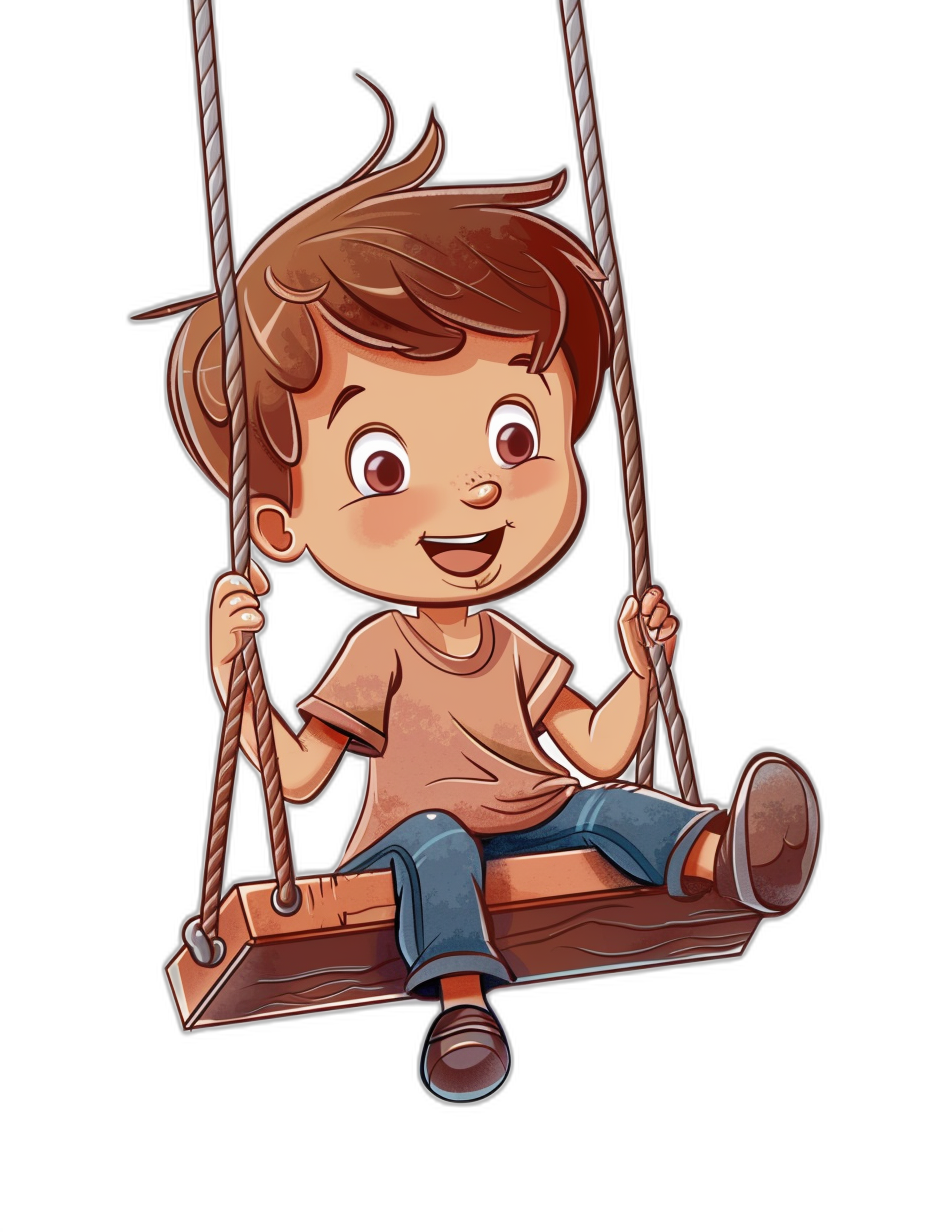 A cute cartoon illustration of a boy sitting on a wooden swing, smiling with big eyes and brown hair in the style of a clip art style with an isolated black background.