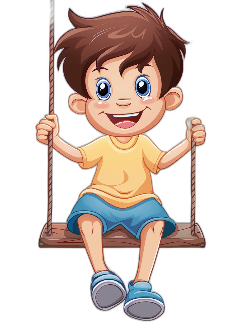 A cute happy cartoon boy sitting on the swing in the style of clip art with a black background.