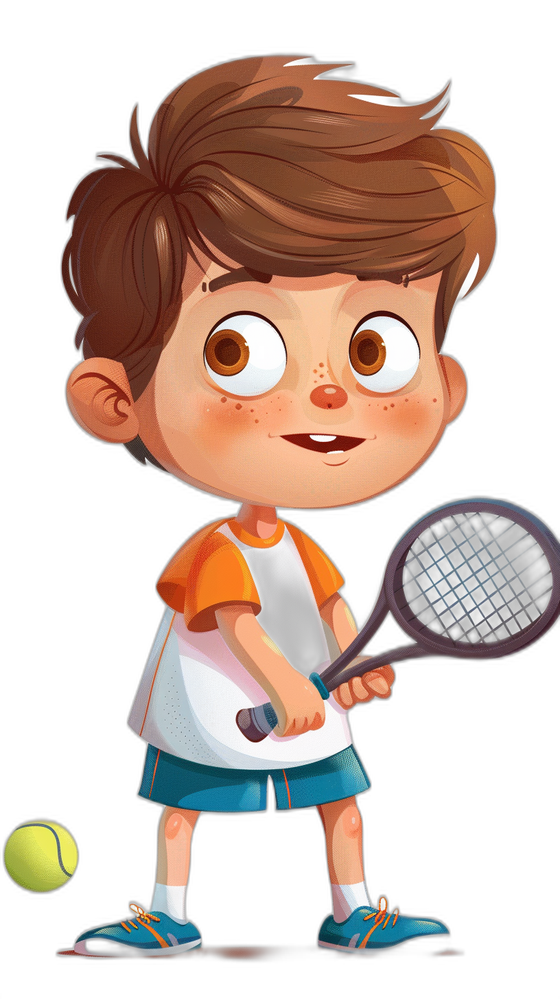 A young boy playing tennis in the style of Pixar. The cartoon character is illustrated in the style of a children’s book, with cute big eyes, freckles on the cheeks, and brown hair. He wears an orange shirt with white short sleeves and blue shorts, holding a racket while looking at the camera against a black background as a full body illustration.