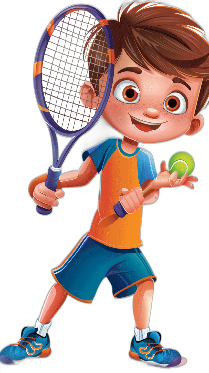 A cute happy boy playing tennis, wearing blue shorts and an orange t-shirt with white stripes on the sleeves. He is holding his racket in one hand and has green eyes and brown hair. The background of the illustration should be black to highlight him, he also wears bright sneakers. Full body portrait in the style of a Disney cartoon character design. Black isolated background.